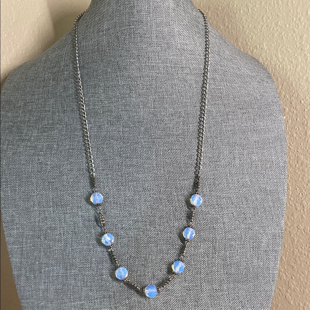 Opalite Bead Station Necklace | Silver Tone | 28” Over-the-Head